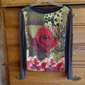 Vintage Y2K Sequin And Gold Rose Graphic Long Sleeve Top